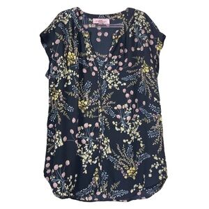 Philosophy Republic Floral Plant Rolled Cuffs Blouse Top Black Multicolor Small